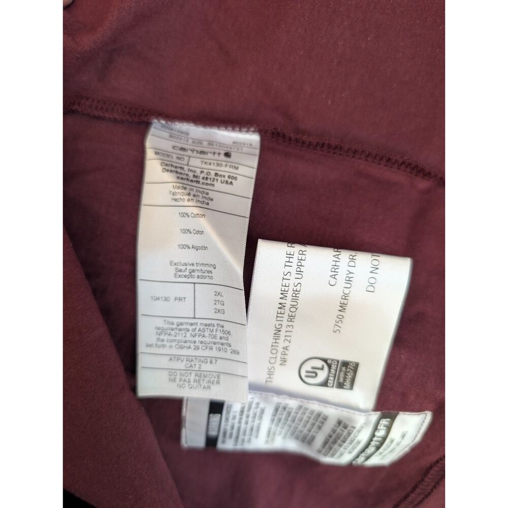 Carhartt Graphic T-Shirt Mens 2XL Maroon Flame Resistant Loose Long Sleeve NWT - Picture 4 of 5